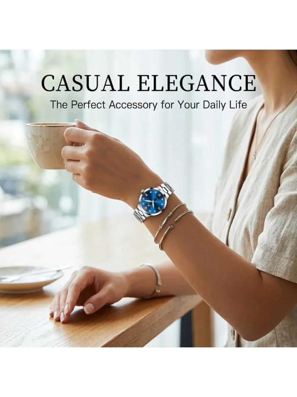 Women's Blue and Silver Analog Quartz Waterproof Stainless Steel Band Watch